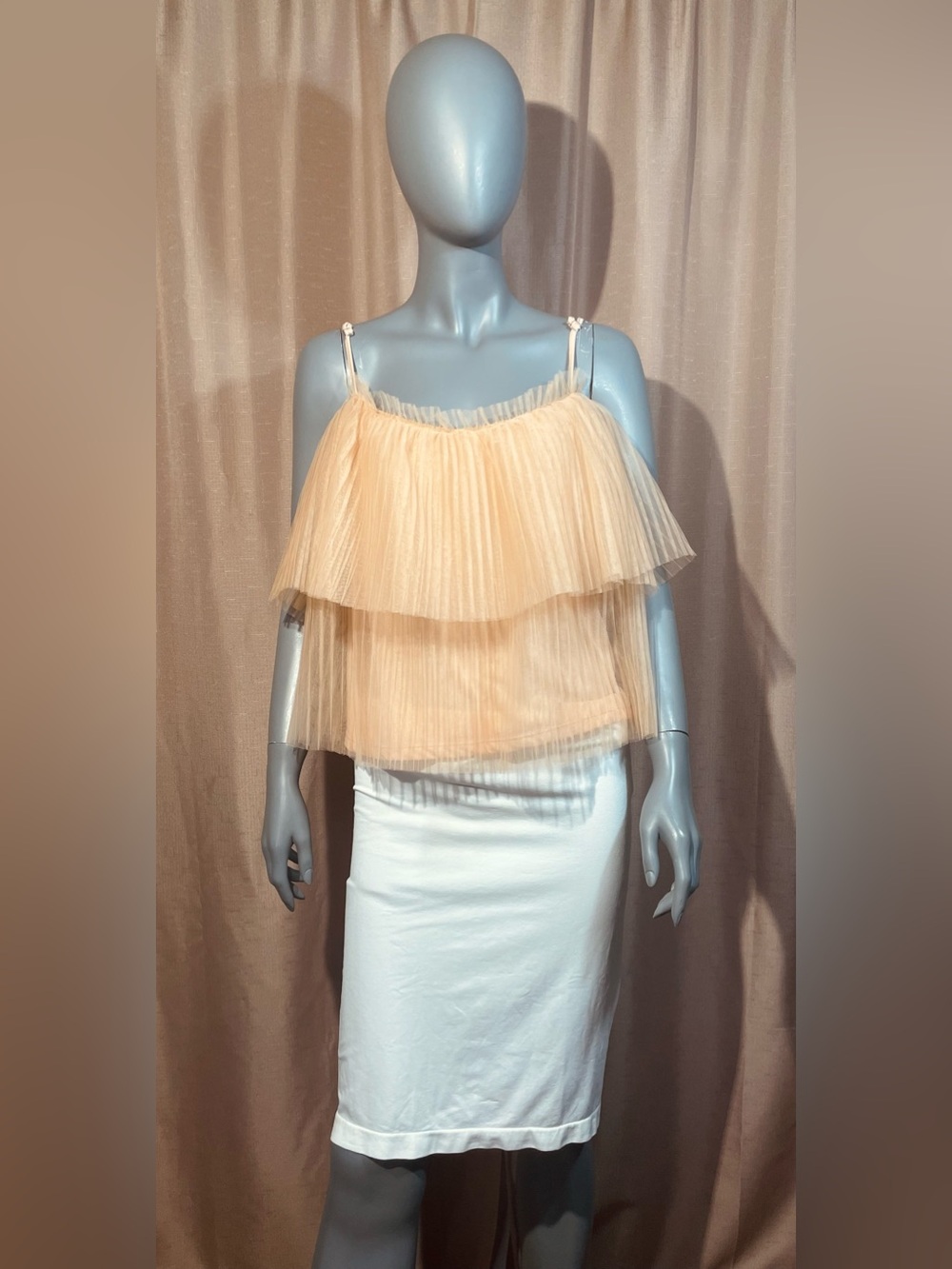 Anthropologie XL Layered Peach Pleated Tulle Cami Tank with Adjustable Strap EUC